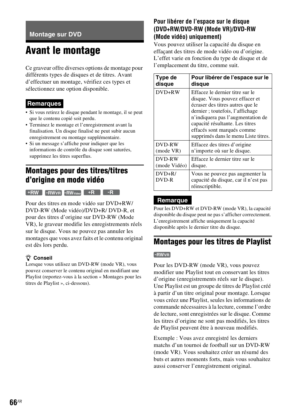 Montage sur dvd, Avant le montage, Montages pour les titres de playlist | Sony DAR-RD100 User Manual | Page 66 / 520