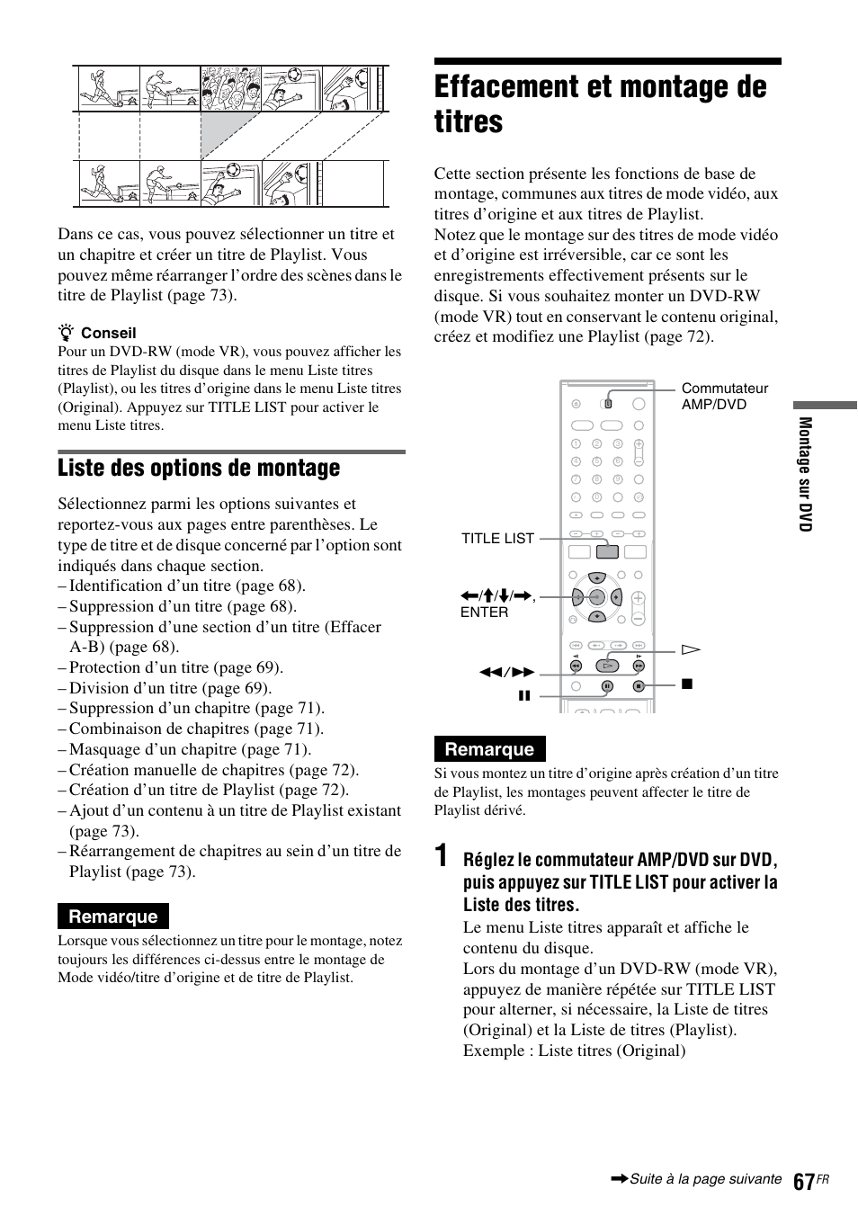 Effacement et montage de titres, Liste des options de montage, Remarque | Sony DAR-RD100 User Manual | Page 67 / 520