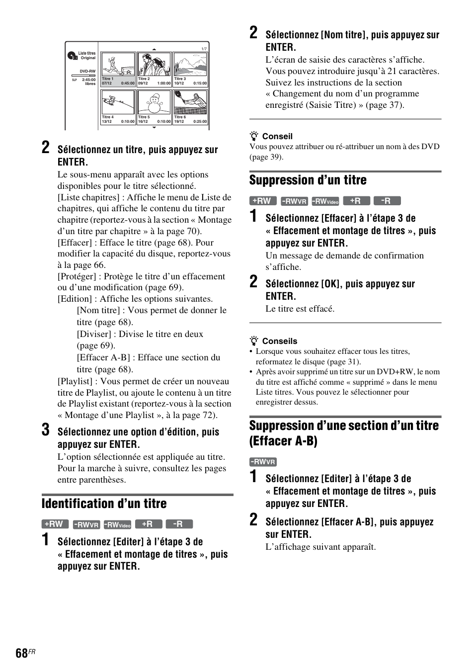 Identification d’un titre, Suppression d’un titre | Sony DAR-RD100 User Manual | Page 68 / 520