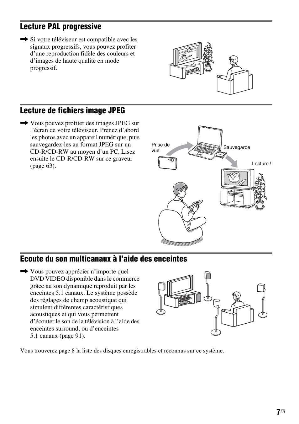 Lecture pal progressive, Lecture de fichiers image jpeg, Ecoute du son multicanaux à l’aide des enceintes | Sony DAR-RD100 User Manual | Page 7 / 520