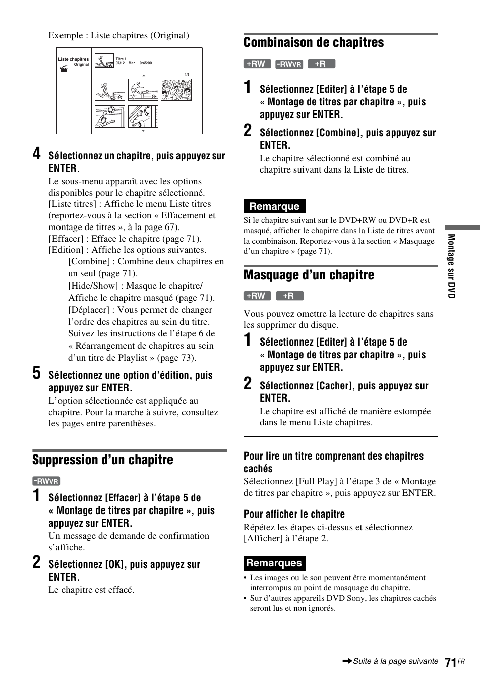 Suppression d’un chapitre, Combinaison de chapitres, Masquage d’un chapitre | Sony DAR-RD100 User Manual | Page 71 / 520
