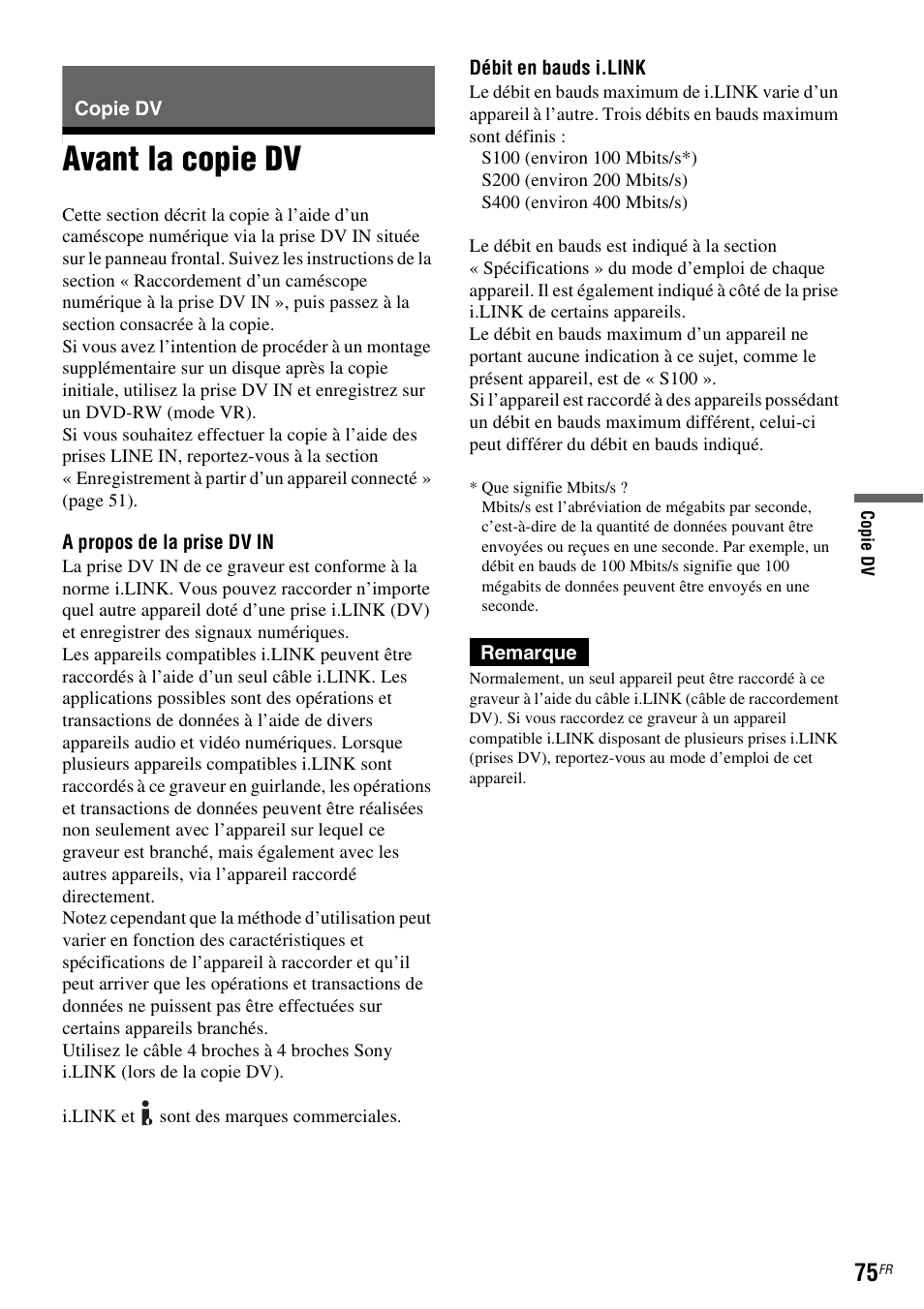 Copie dv, Avant la copie dv | Sony DAR-RD100 User Manual | Page 75 / 520