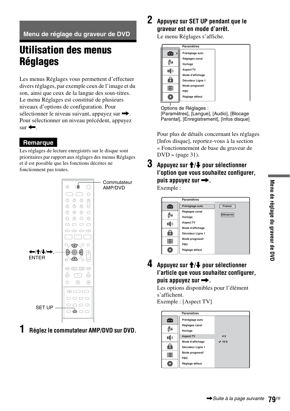 Menu de réglage du graveur de dvd, Utilisation des menus réglages, Remarque | Réglez le commutateur amp/dvd sur dvd, Exemple | Sony DAR-RD100 User Manual | Page 79 / 520
