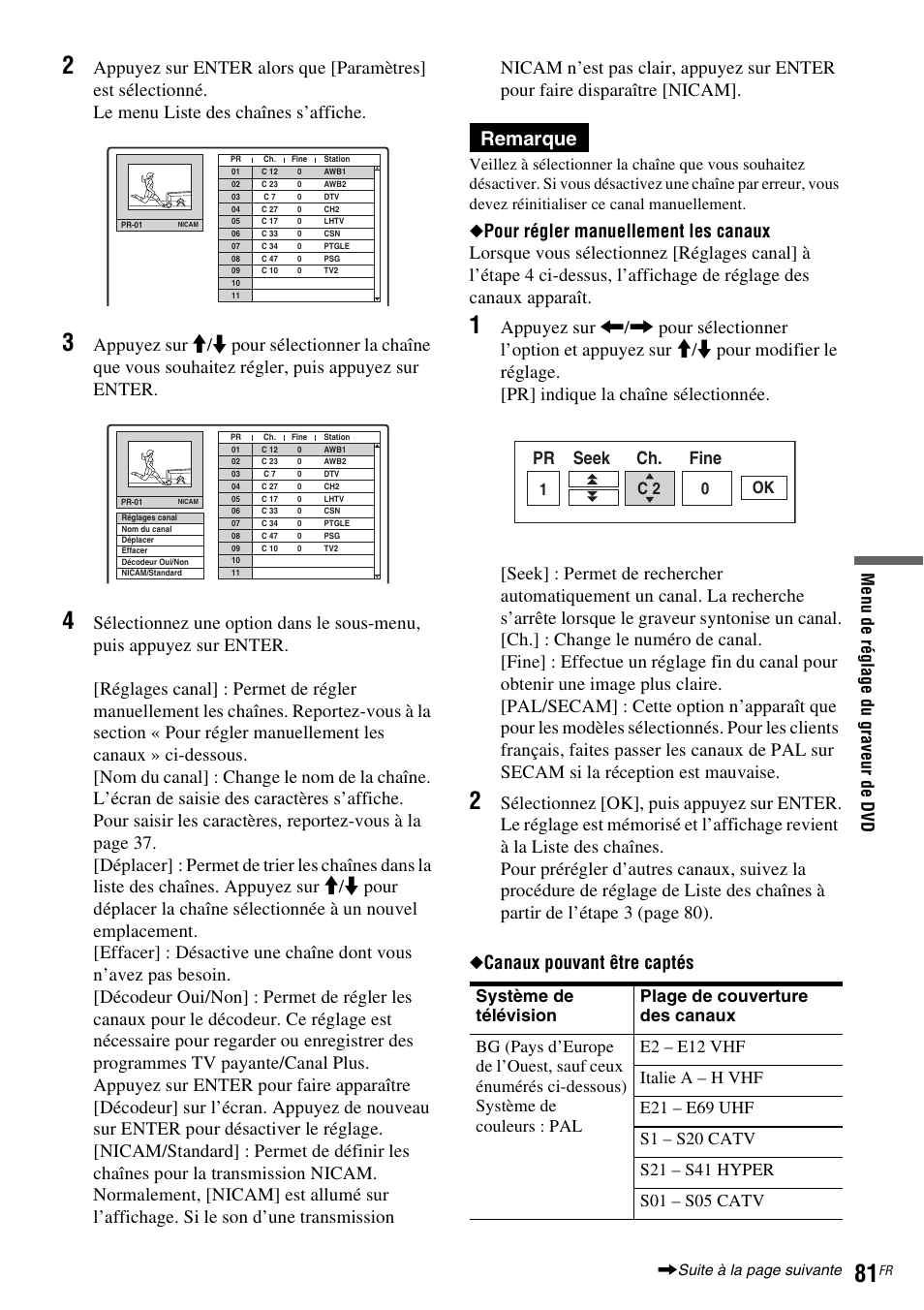 Remarque, Pr seek ch. fine, Me nu de ré gl a ge du g rav eur d e dvd | Sony DAR-RD100 User Manual | Page 81 / 520