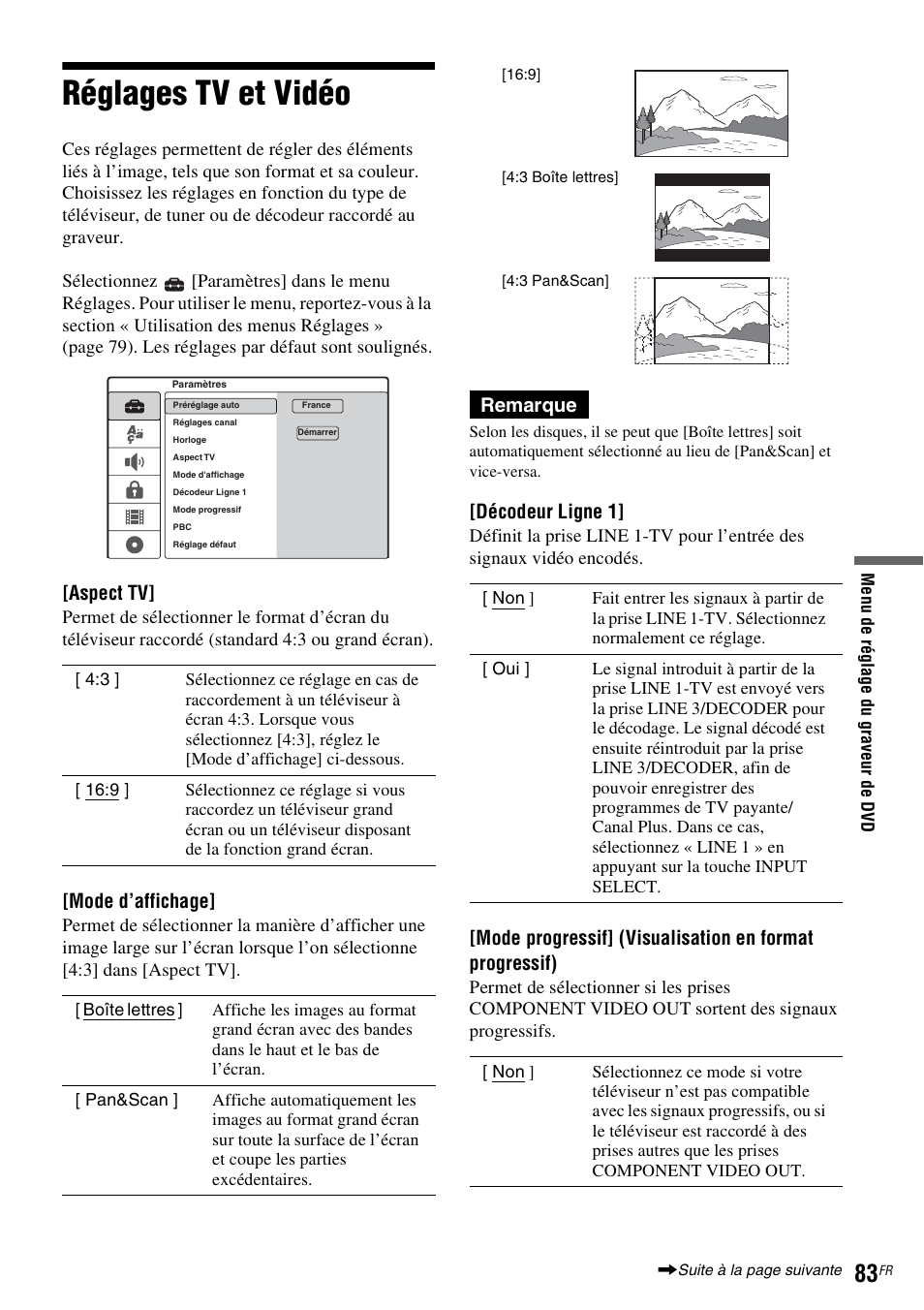 Réglages tv et vidéo, Aspect tv, Mode d’affichage | Remarque, Décodeur ligne 1 | Sony DAR-RD100 User Manual | Page 83 / 520