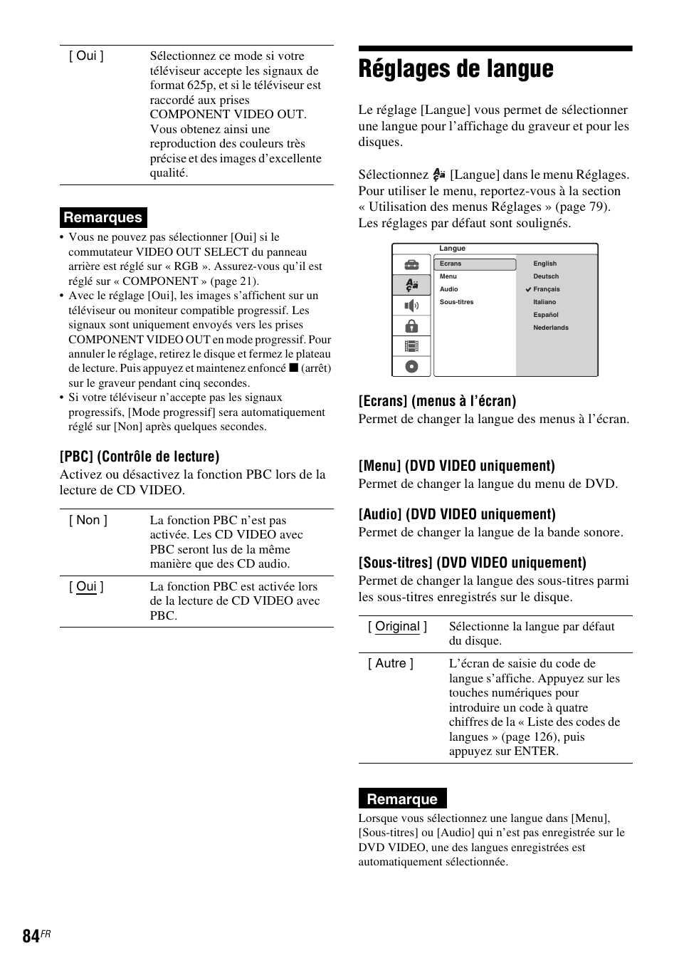 Réglages de langue, Remarques, Pbc] (contrôle de lecture) | Ecrans] (menus à l’écran), Menu] (dvd video uniquement), Audio] (dvd video uniquement), Sous-titres] (dvd video uniquement), Remarque | Sony DAR-RD100 User Manual | Page 84 / 520