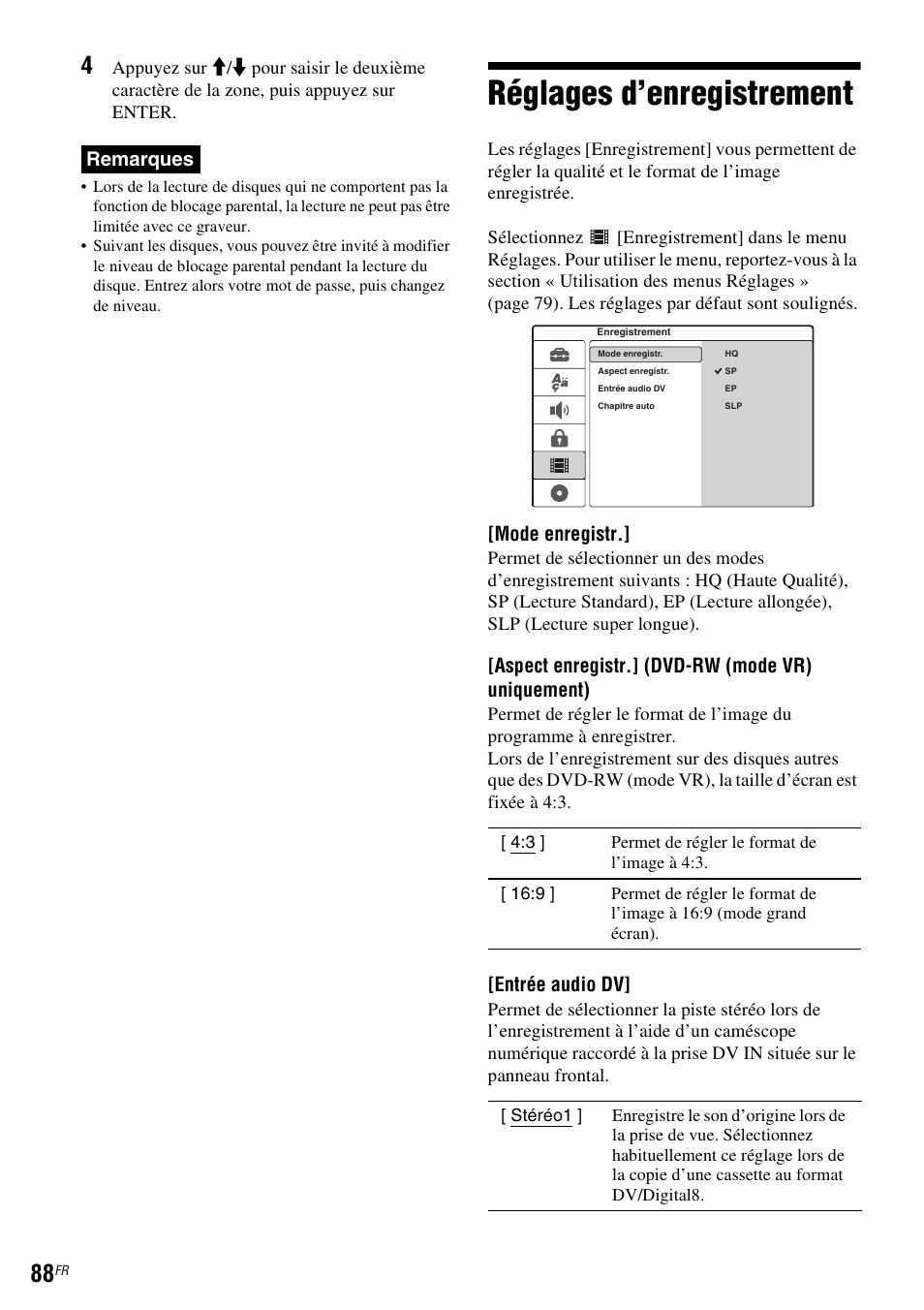 Réglages d’enregistrement | Sony DAR-RD100 User Manual | Page 88 / 520