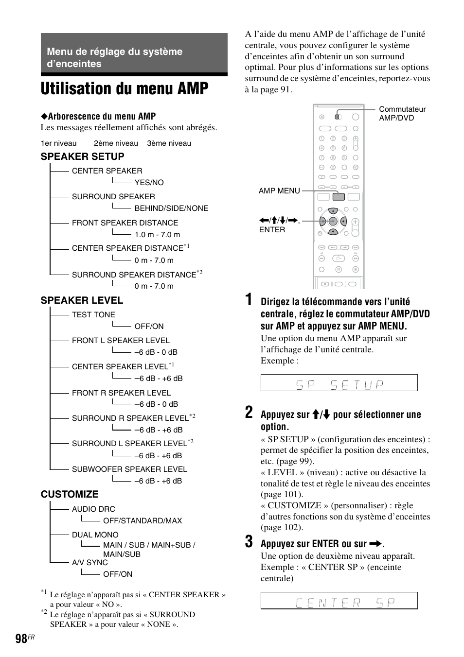 Menu de réglage du système d’enceintes, Utilisation du menu amp, Appuyez sur m / m pour sélectionner une option | Appuyez sur enter ou sur, Speaker setup, Speaker level, Customize | Sony DAR-RD100 User Manual | Page 98 / 520