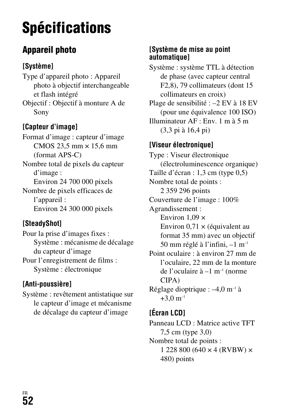 Spécifications, Appareil photo | Sony ILCA-77M2 User Manual | Page 104 / 675