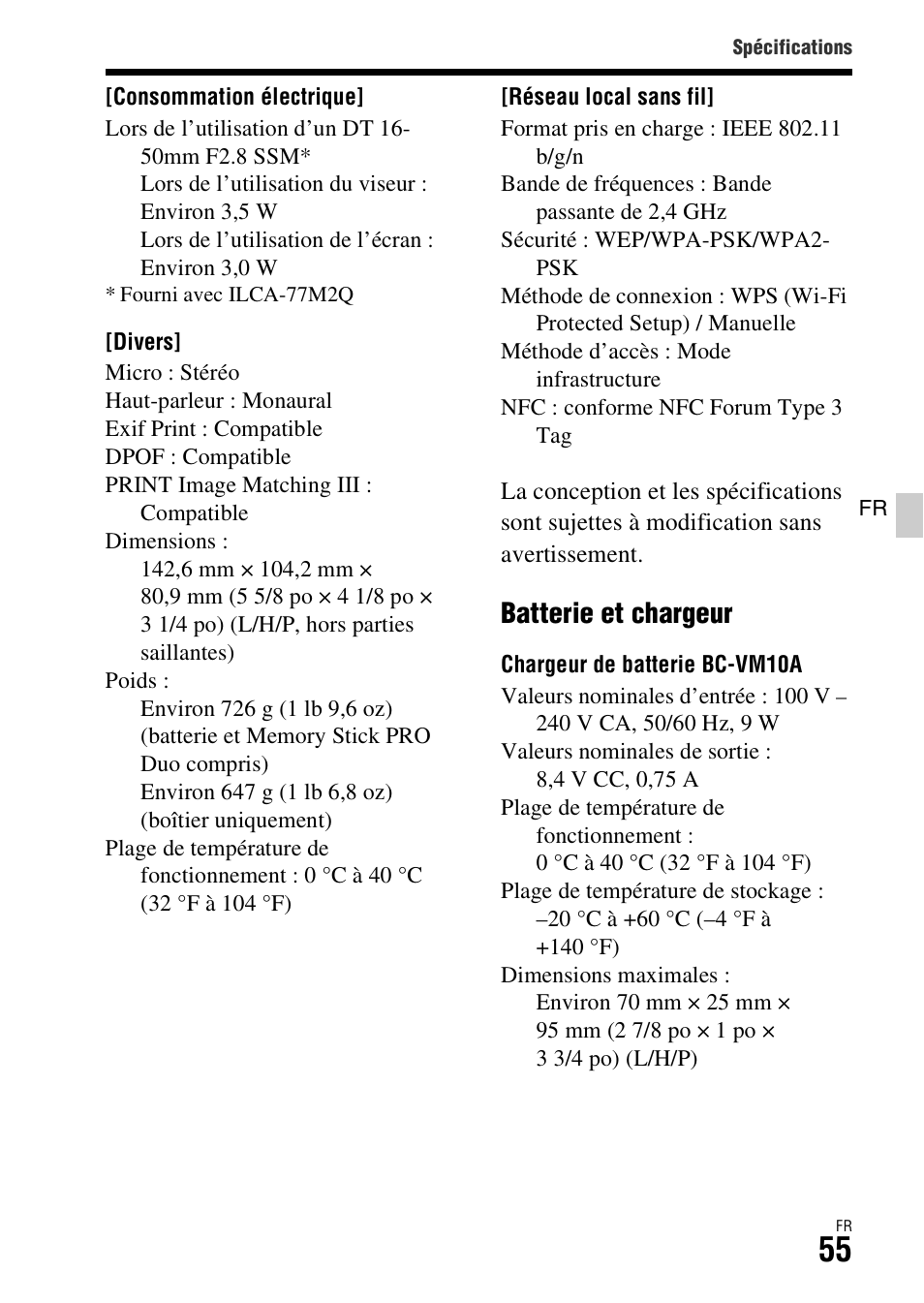 Batterie et chargeur | Sony ILCA-77M2 User Manual | Page 107 / 675