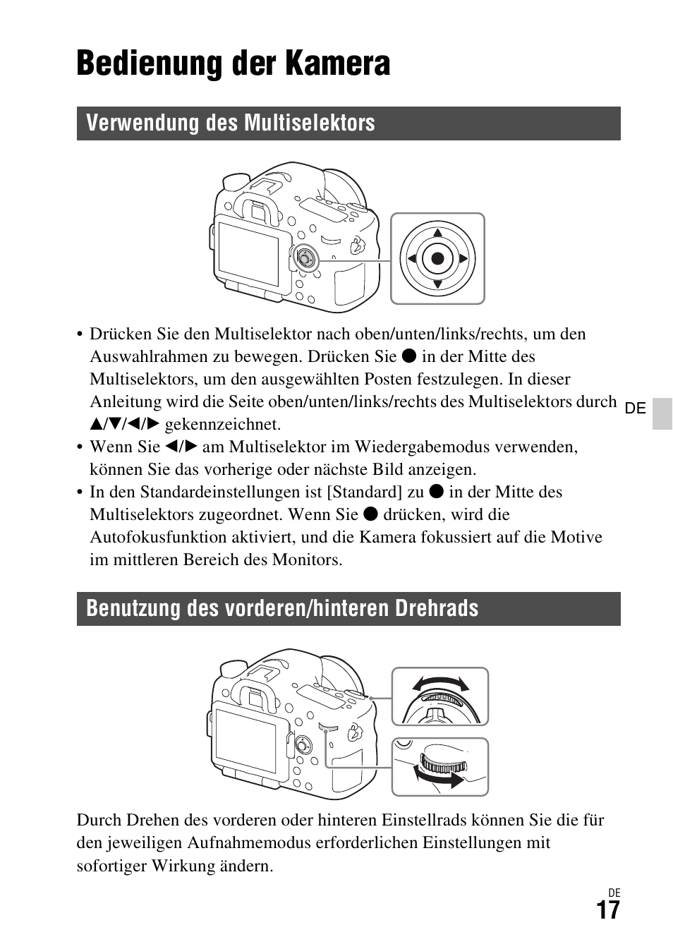 Liste der funktionen, Bedienung der kamera, Verwendung des multiselektors | Benutzung des vorderen/hinteren drehrads, Er (17) | Sony ILCA-77M2 User Manual | Page 129 / 675