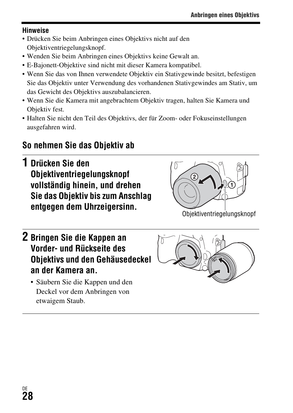 Nopf (28), So nehmen sie das objektiv ab | Sony ILCA-77M2 User Manual | Page 140 / 675