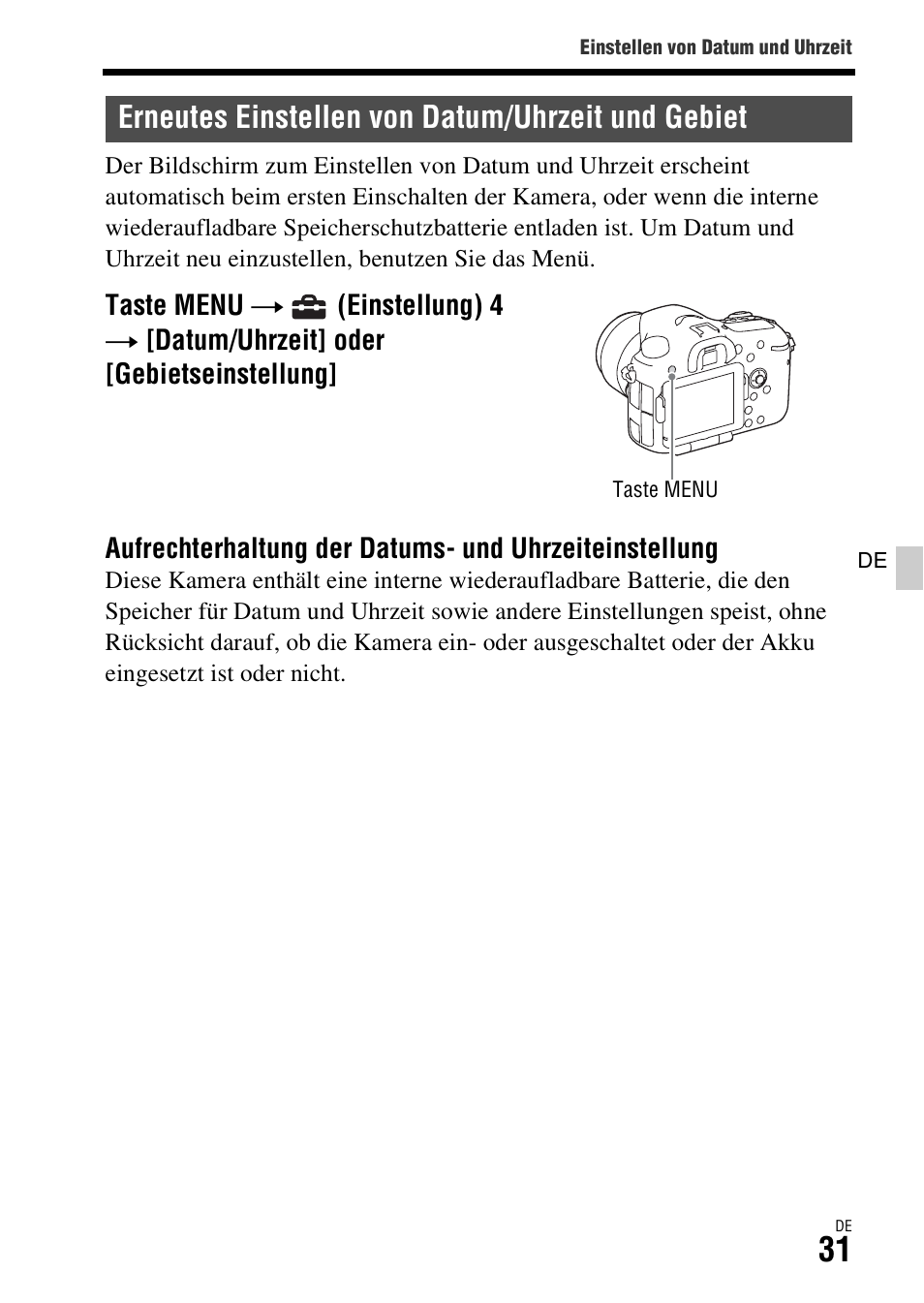 Erneutes einstellen von datum/uhrzeit und gebiet | Sony ILCA-77M2 User Manual | Page 143 / 675