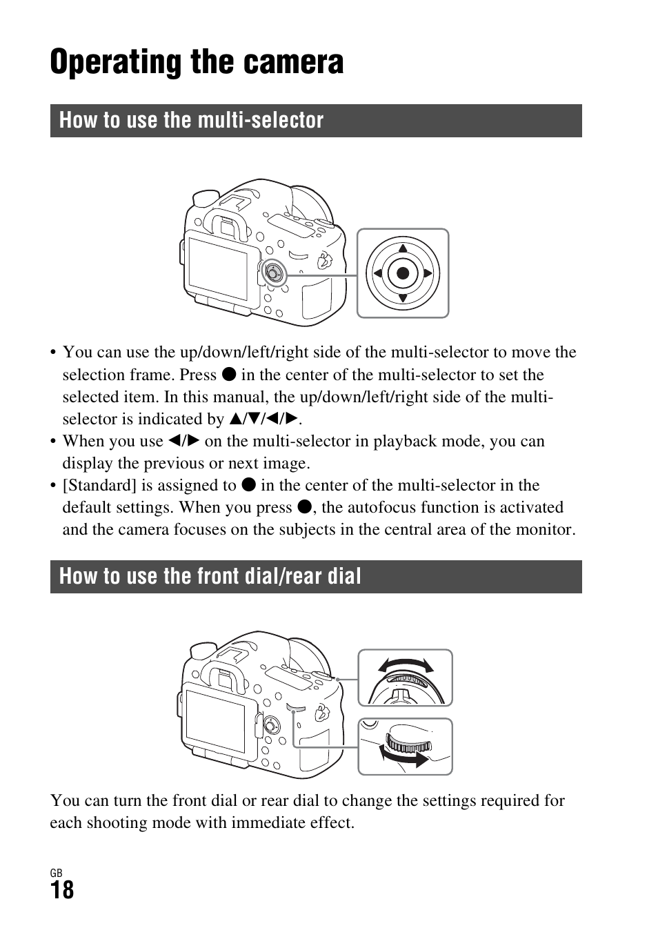 Functions list, Operating the camera, How to use the multi-selector | How to use the front dial/rear dial | Sony ILCA-77M2 User Manual | Page 18 / 675