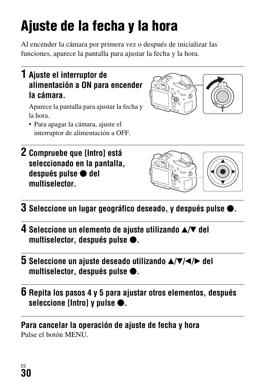 Ajuste de la fecha y la hora, Ón (30) | Sony ILCA-77M2 User Manual | Page 196 / 675