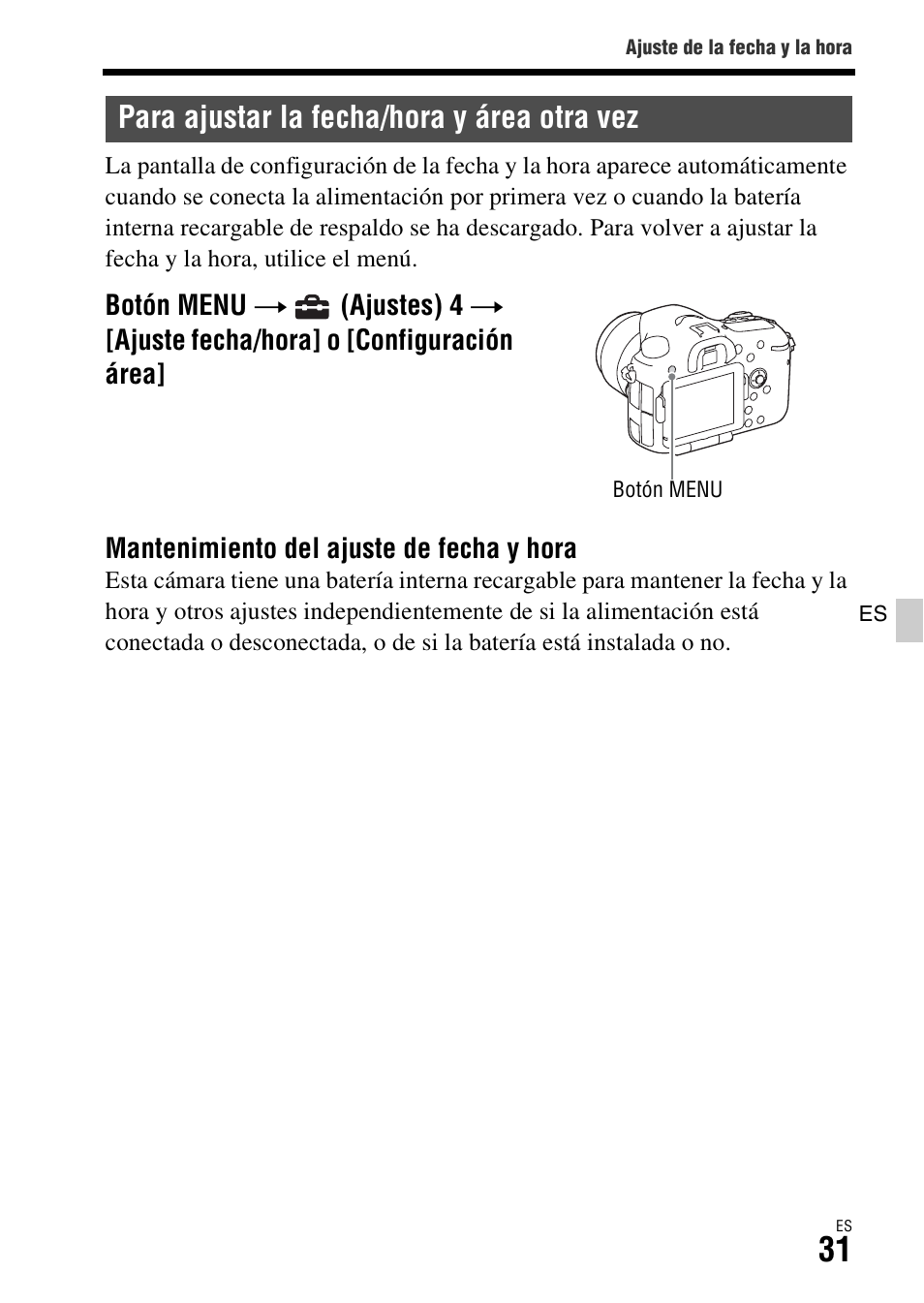 Para ajustar la fecha/hora y área otra vez | Sony ILCA-77M2 User Manual | Page 197 / 675