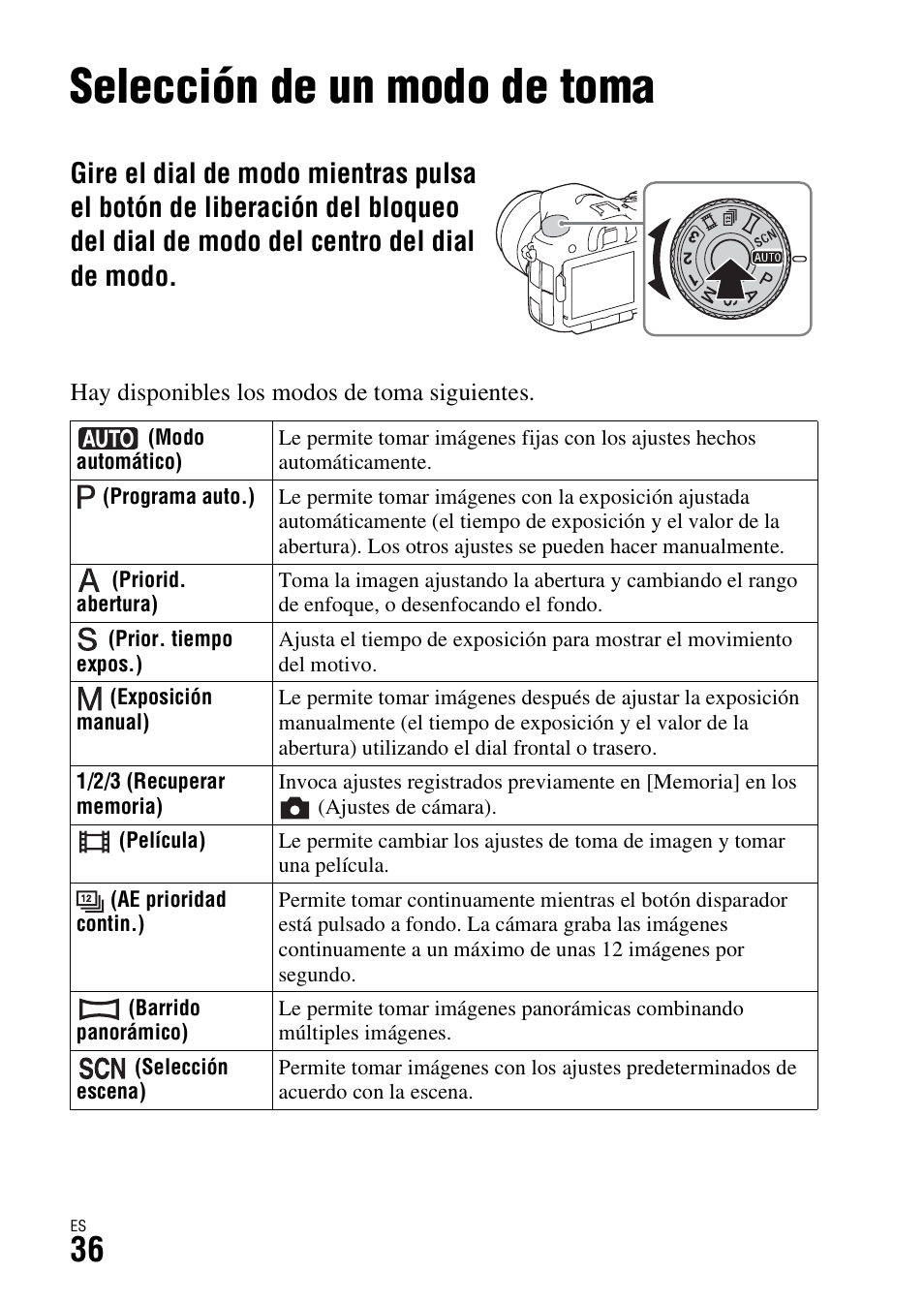 Selección de un modo de toma, Odo (36) | Sony ILCA-77M2 User Manual | Page 202 / 675