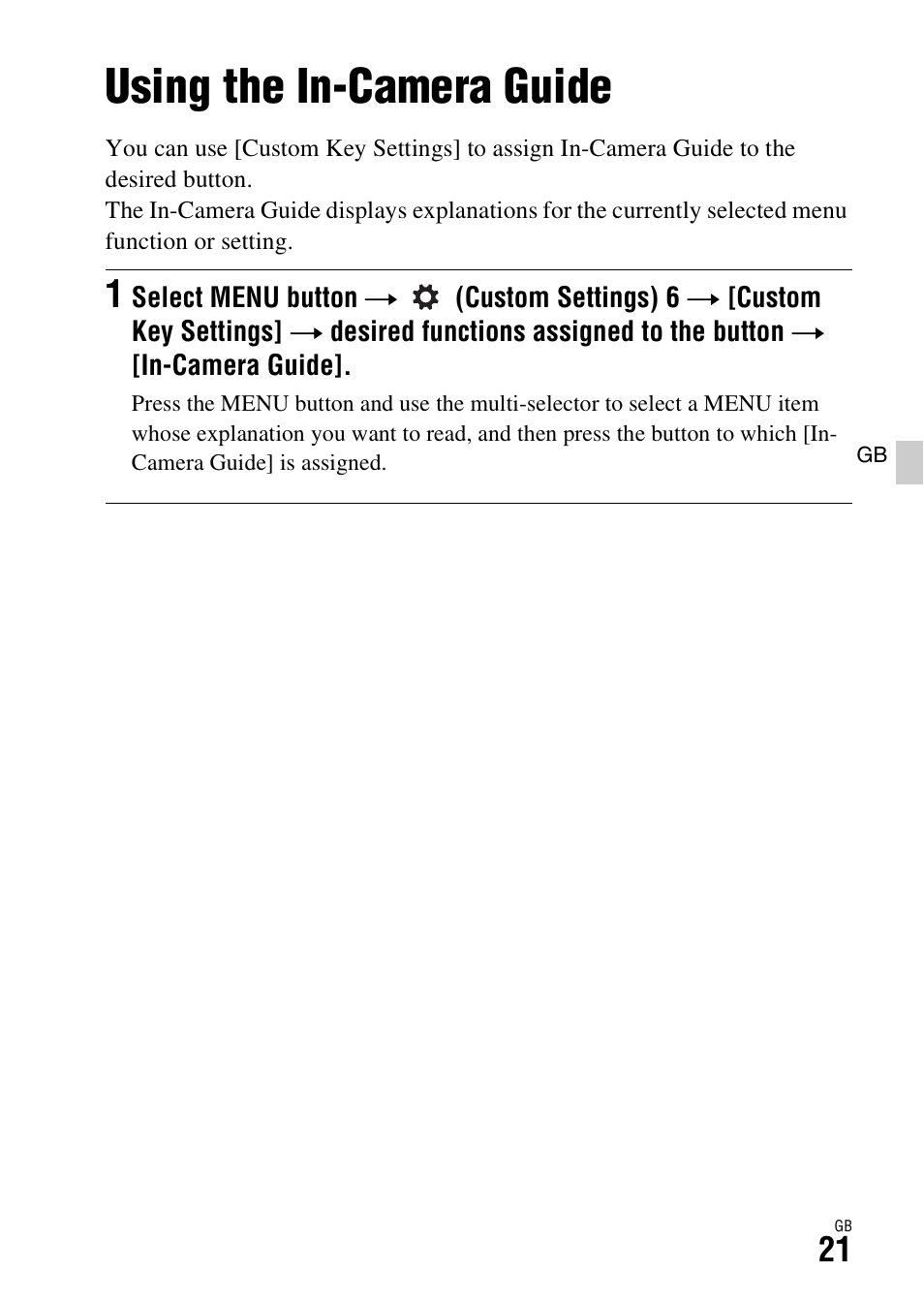 Using the in-camera guide | Sony ILCA-77M2 User Manual | Page 21 / 675