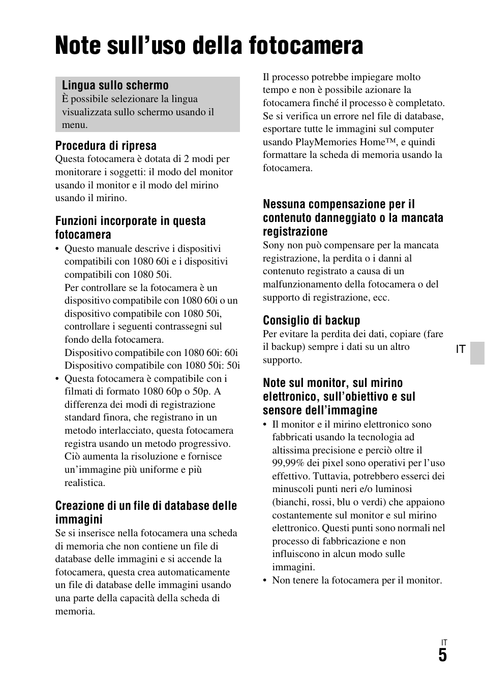 Prima dell’uso, Note sull’uso della fotocamera | Sony ILCA-77M2 User Manual | Page 225 / 675
