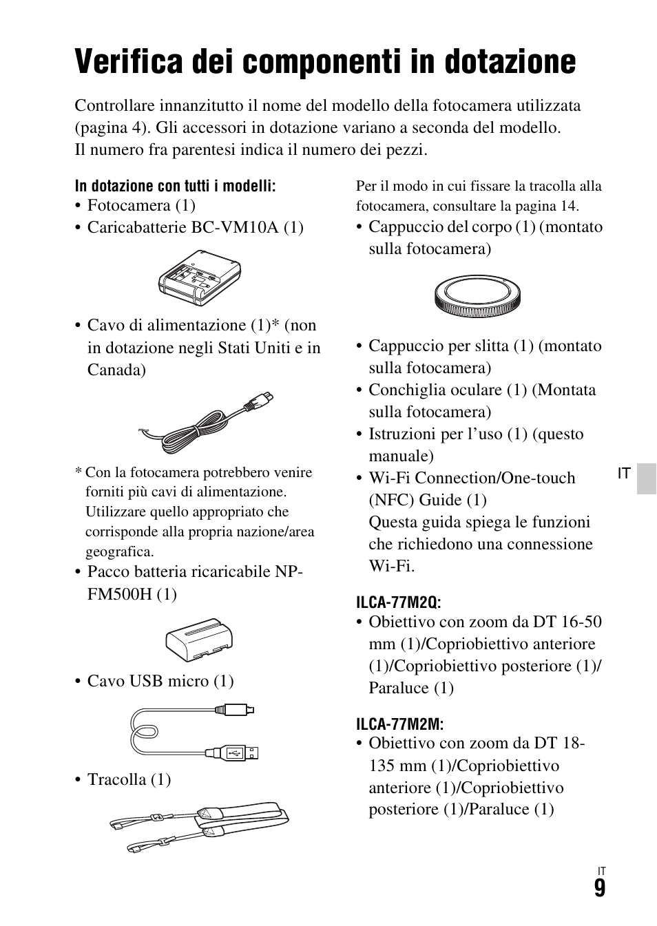 Verifica dei componenti in dotazione, Prima dell’uso | Sony ILCA-77M2 User Manual | Page 229 / 675