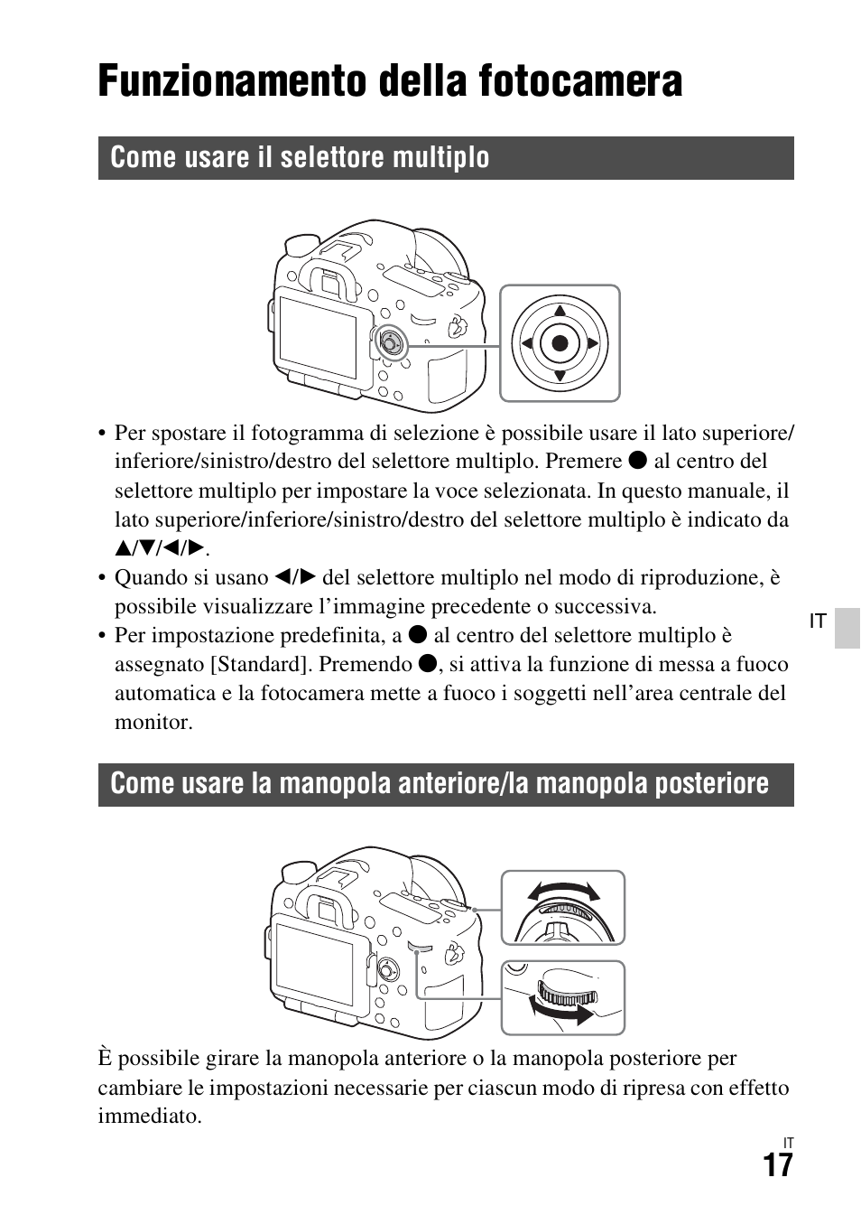 Elenco delle funzioni, Funzionamento della fotocamera, Come usare il selettore multiplo | Sony ILCA-77M2 User Manual | Page 237 / 675