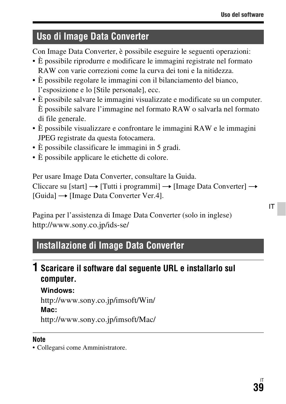 Uso di image data converter, Installazione di image data converter | Sony ILCA-77M2 User Manual | Page 259 / 675