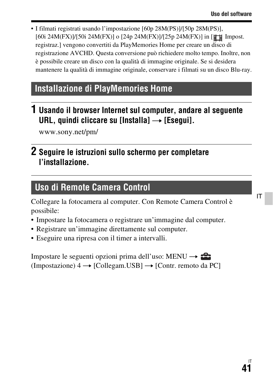 Installazione di playmemories home, Uso di remote camera control | Sony ILCA-77M2 User Manual | Page 261 / 675