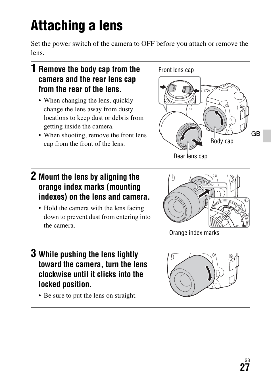 Attaching a lens | Sony ILCA-77M2 User Manual | Page 27 / 675