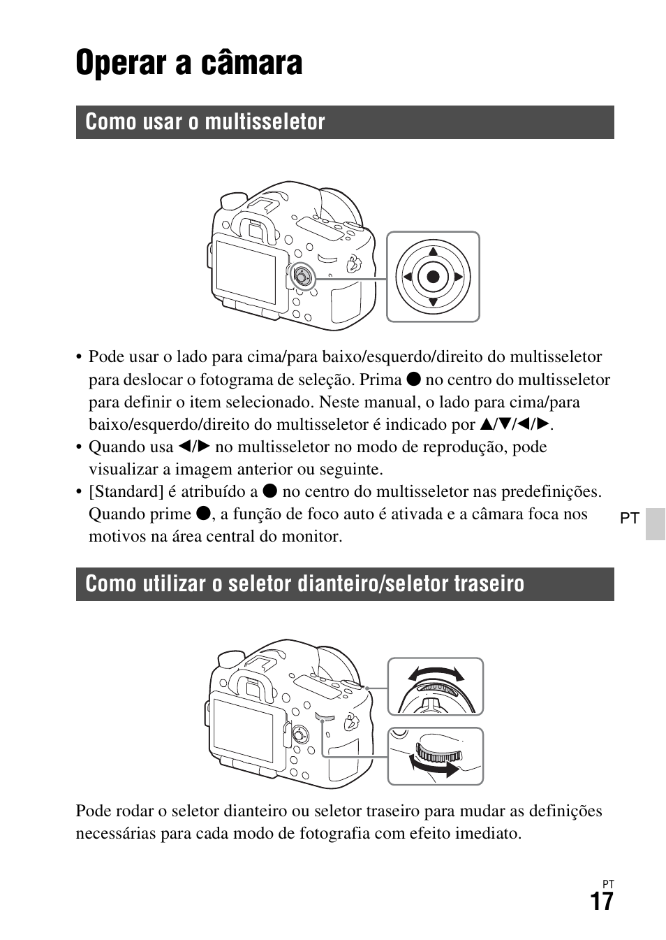 Lista de funções, Operar a câmara, Como usar o multisseletor | Como utilizar o seletor dianteiro/seletor traseiro, O (17) | Sony ILCA-77M2 User Manual | Page 291 / 675