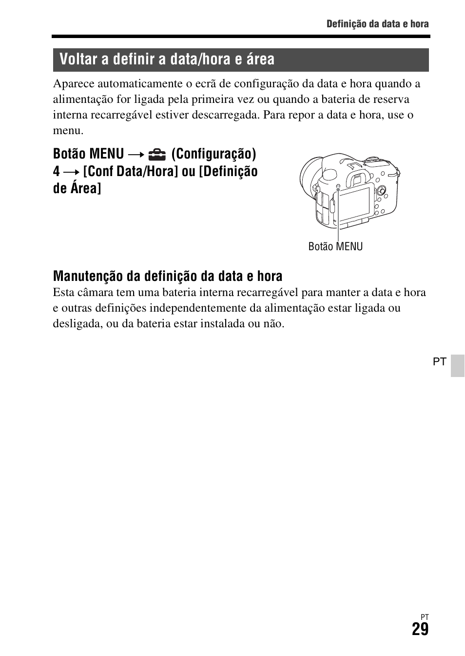 Voltar a definir a data/hora e área | Sony ILCA-77M2 User Manual | Page 303 / 675