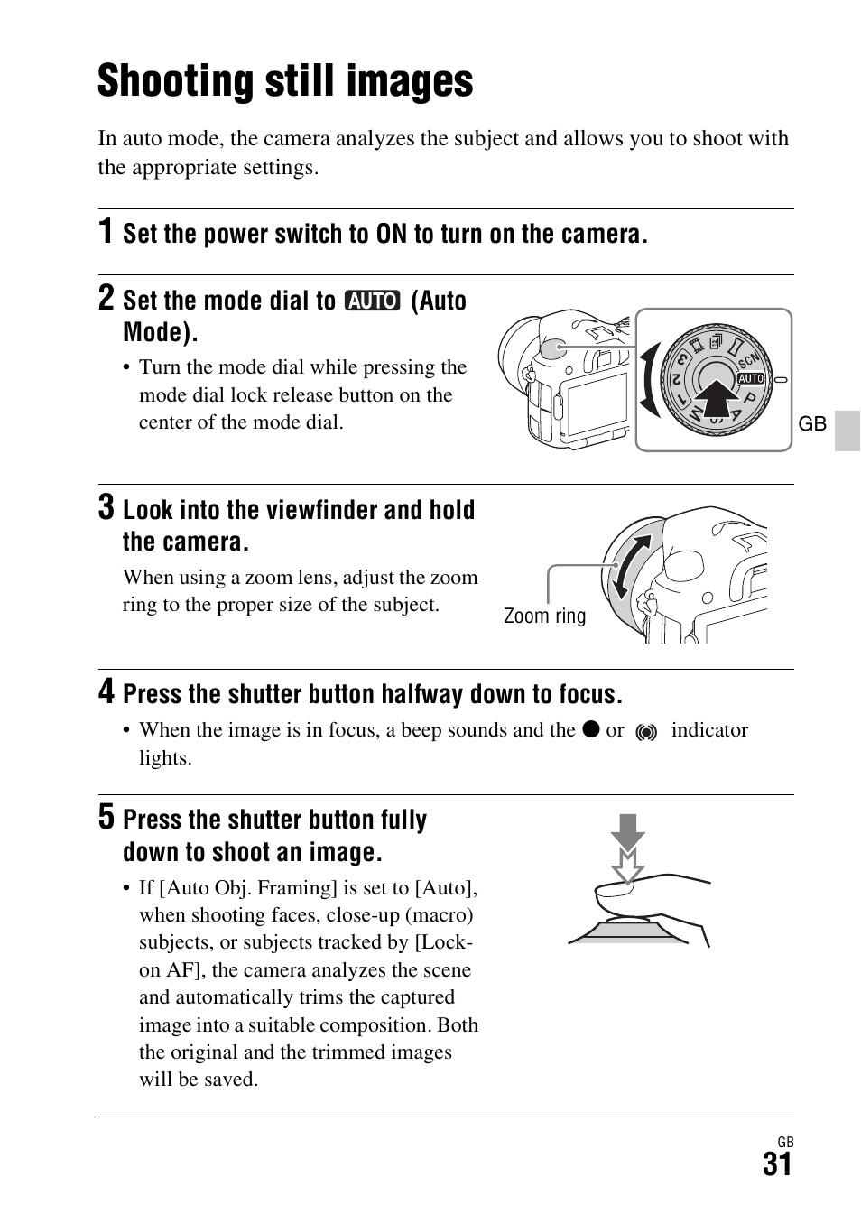 Shooting and viewing images, Shooting still images, On (31) | Sony ILCA-77M2 User Manual | Page 31 / 675