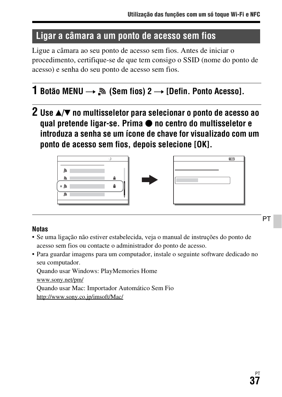 Ligar a câmara a um ponto de acesso sem fios, Botão menu t (sem fios) 2 t [defin. ponto acesso | Sony ILCA-77M2 User Manual | Page 311 / 675