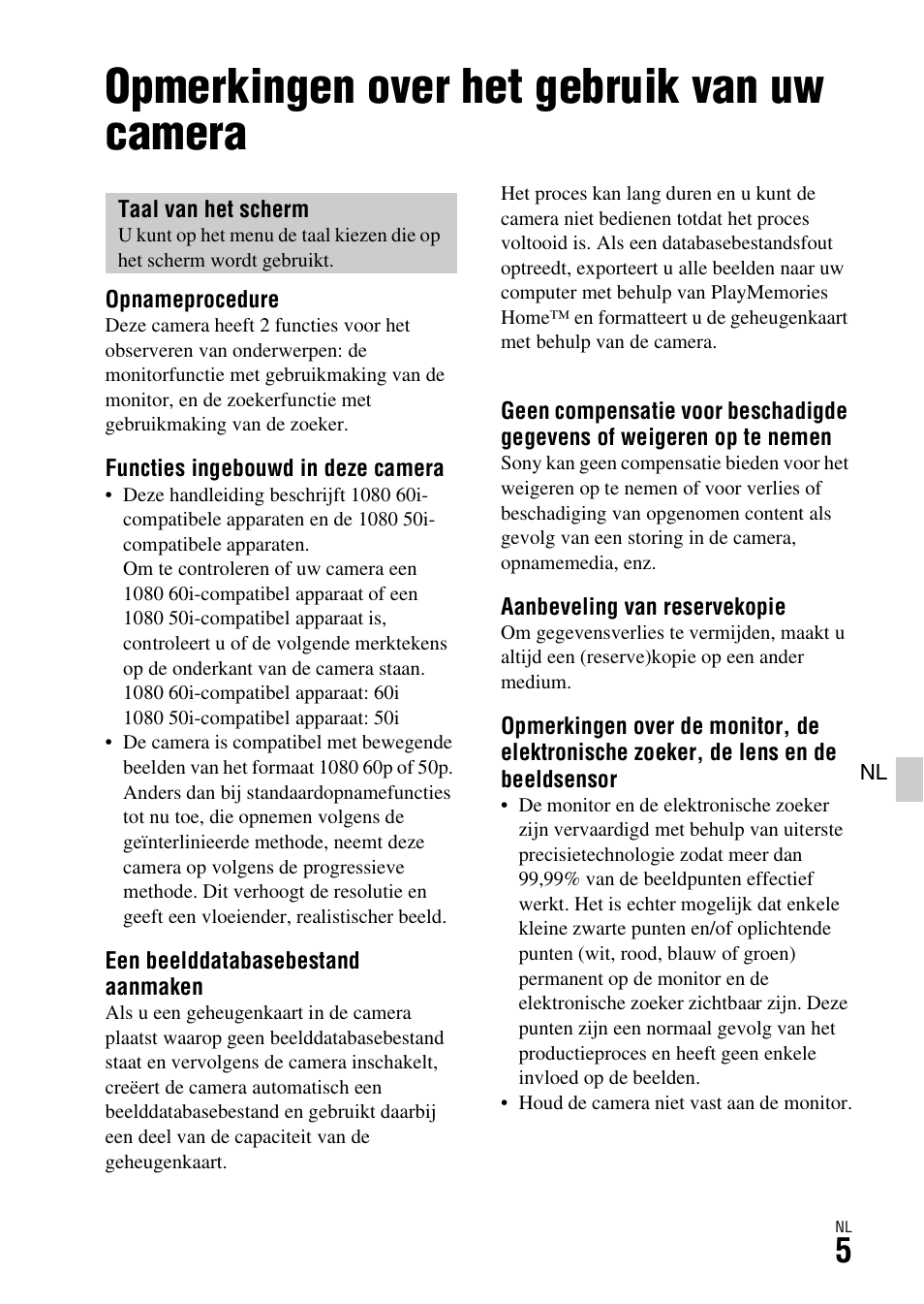 Vóór gebruik, Opmerkingen over het gebruik van uw camera | Sony ILCA-77M2 User Manual | Page 333 / 675