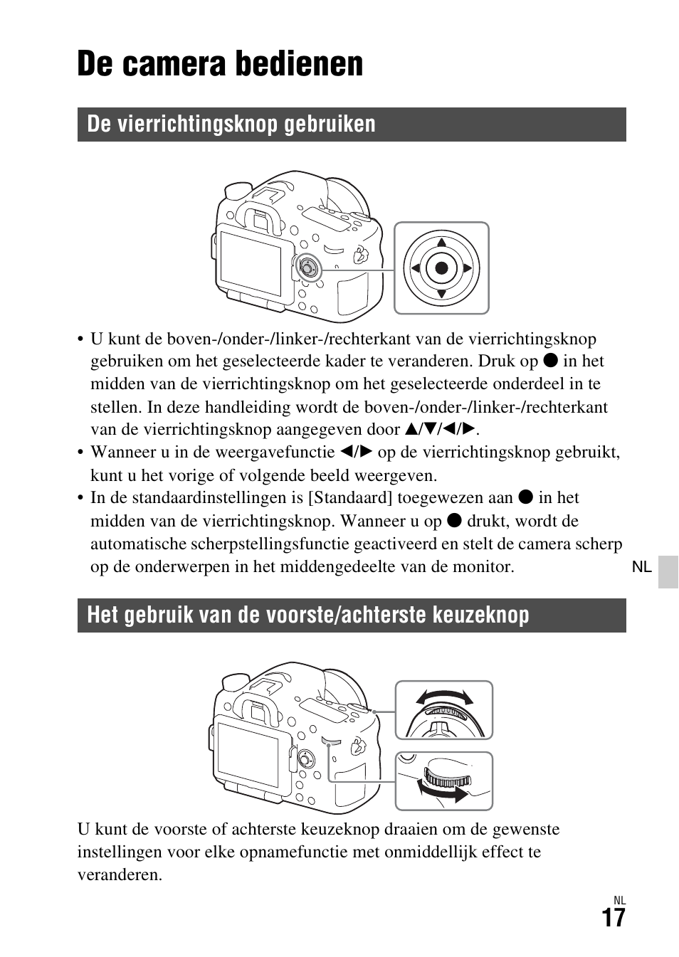 Functielijst, De camera bedienen, De vierrichtingsknop gebruiken | Het gebruik van de voorste/achterste keuzeknop, P (17), Op (17) | Sony ILCA-77M2 User Manual | Page 345 / 675