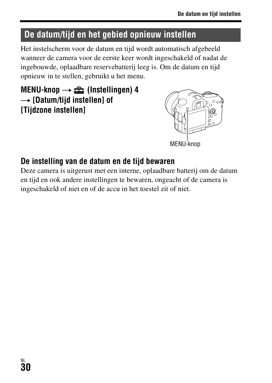 De datum/tijd en het gebied opnieuw instellen | Sony ILCA-77M2 User Manual | Page 358 / 675