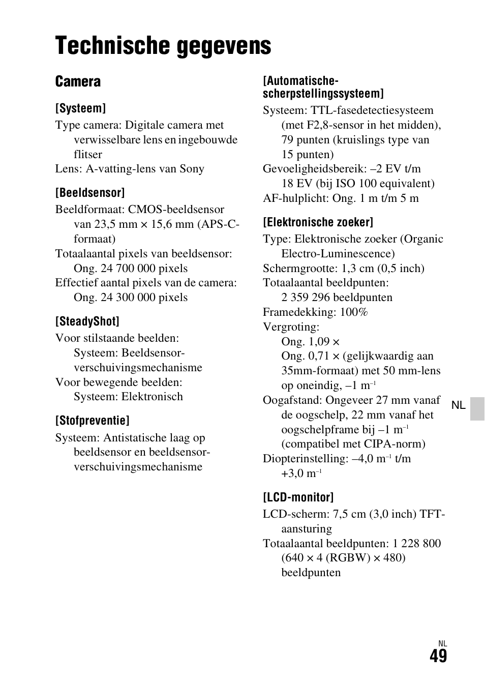 Technische gegevens, Camera | Sony ILCA-77M2 User Manual | Page 377 / 675