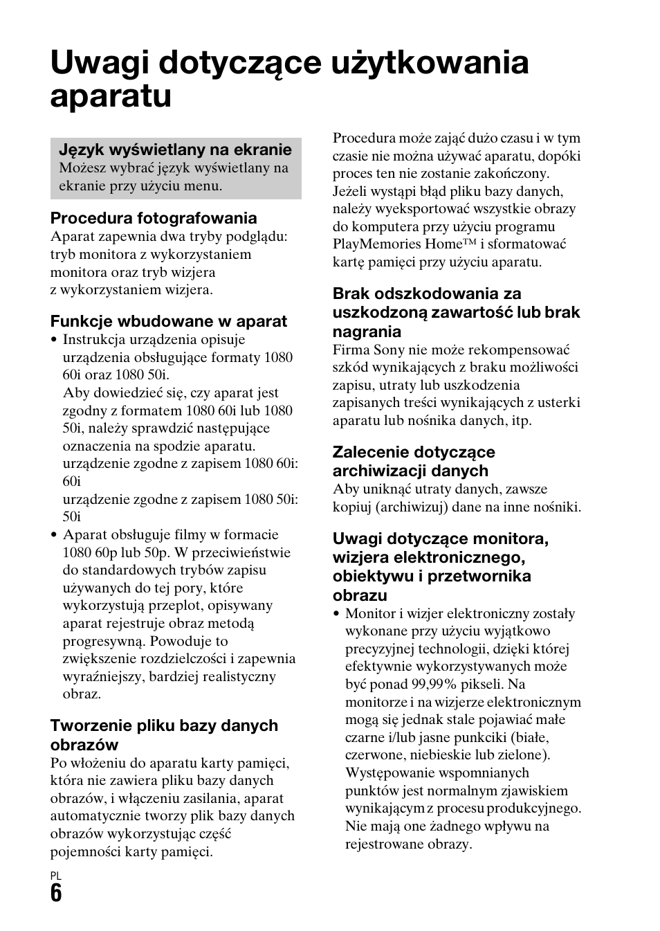 Przed rozpoczęciem użytkowania, Uwagi dotyczące użytkowania aparatu | Sony ILCA-77M2 User Manual | Page 388 / 675