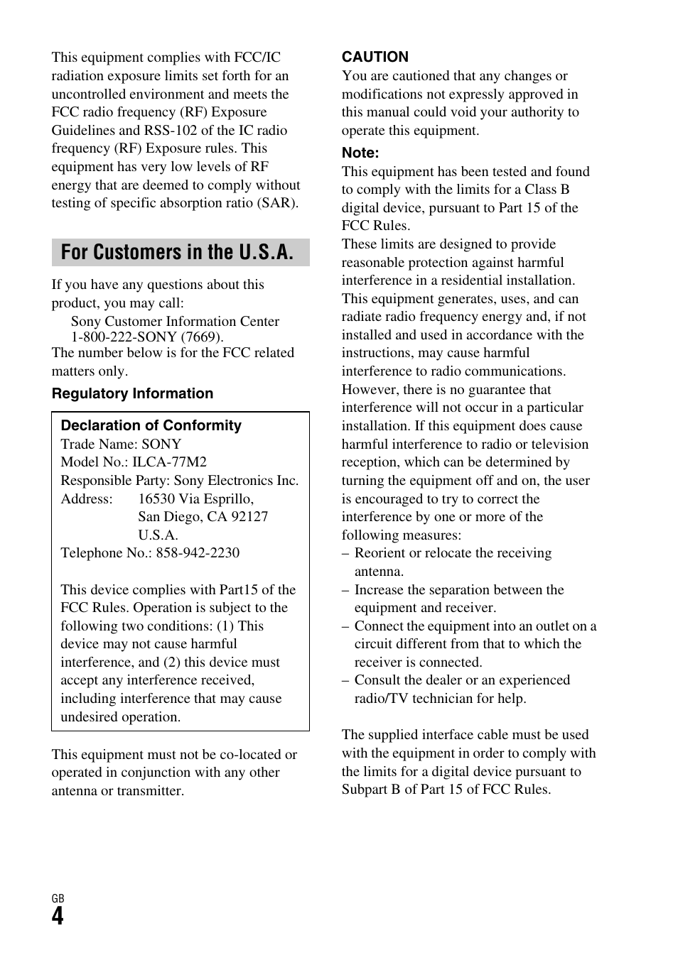 For customers in the u.s.a | Sony ILCA-77M2 User Manual | Page 4 / 675