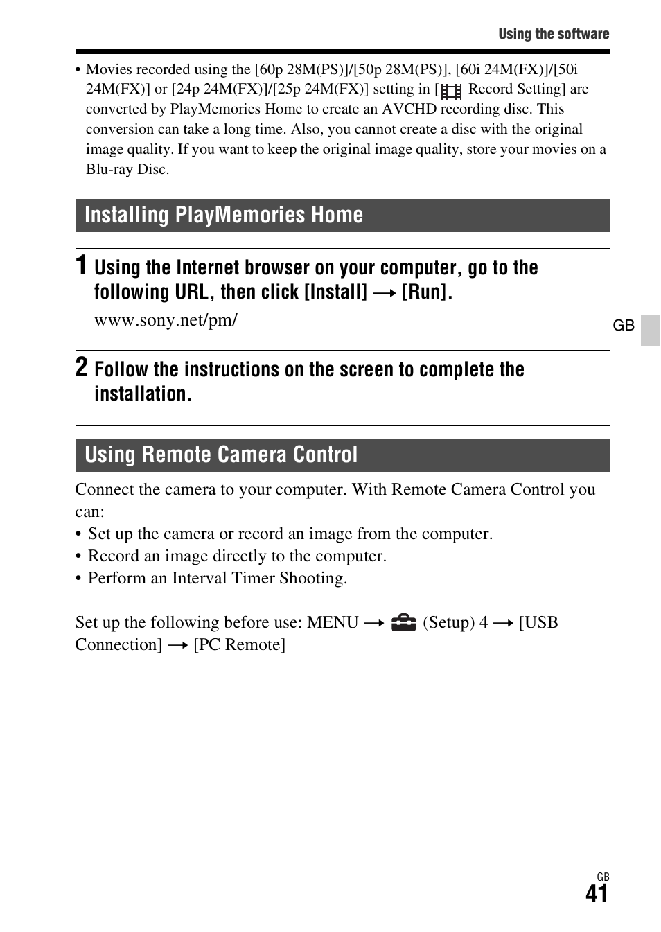 Installing playmemories home, Using remote camera control | Sony ILCA-77M2 User Manual | Page 41 / 675