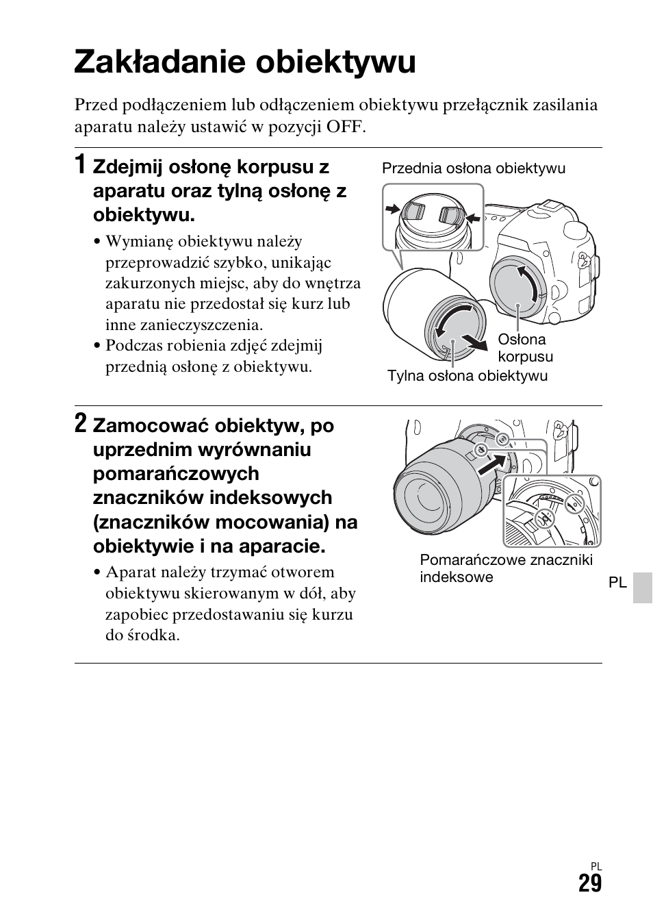 Zakładanie obiektywu | Sony ILCA-77M2 User Manual | Page 411 / 675