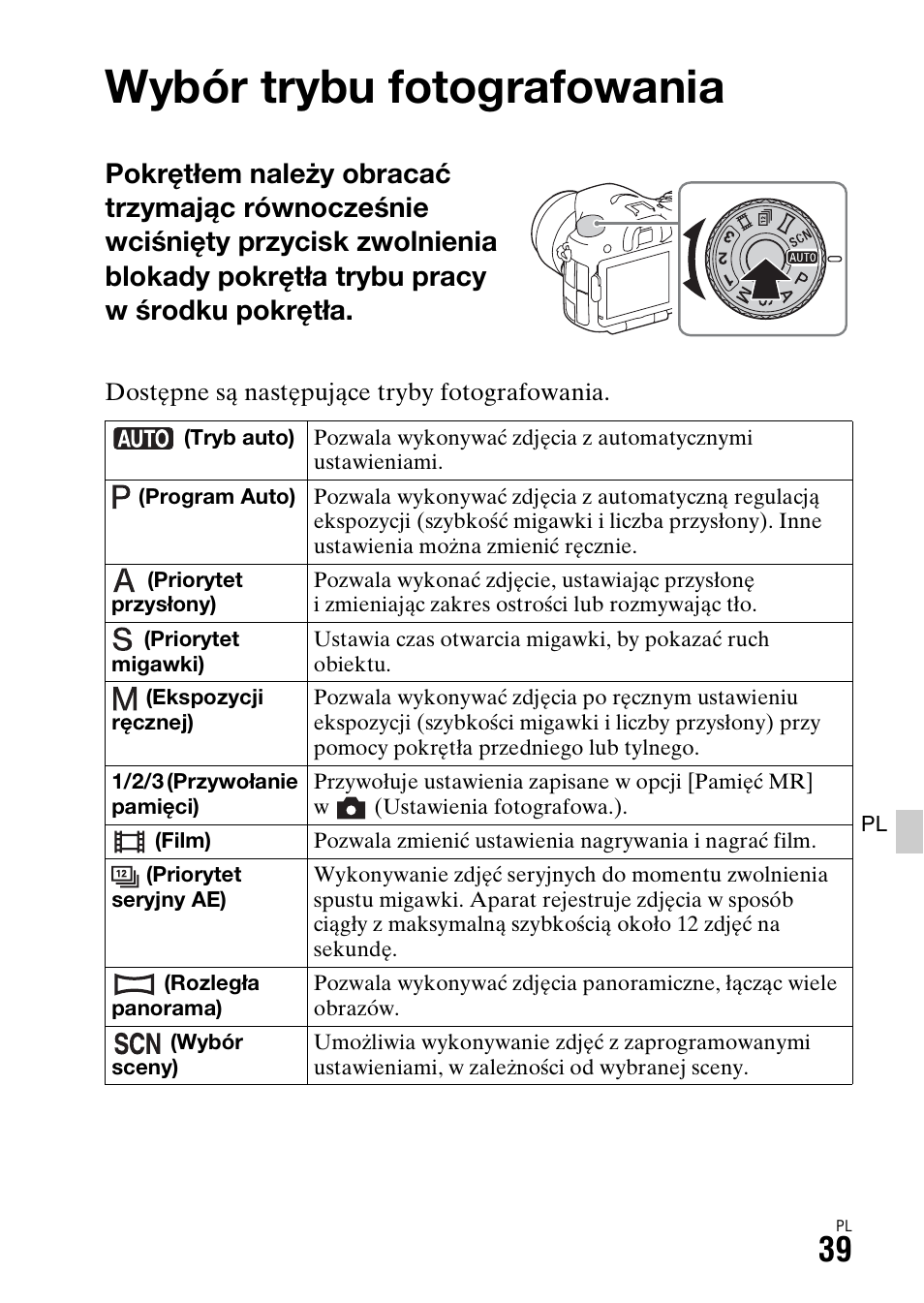 Wybór trybu fotografowania, Trybu (39) | Sony ILCA-77M2 User Manual | Page 421 / 675