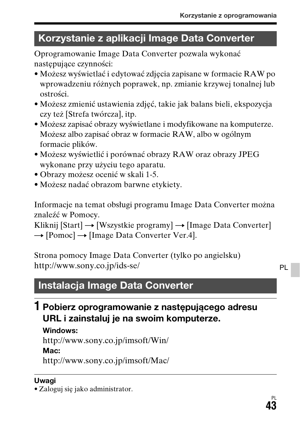 Korzystanie z aplikacji image data converter, Instalacja image data converter | Sony ILCA-77M2 User Manual | Page 425 / 675