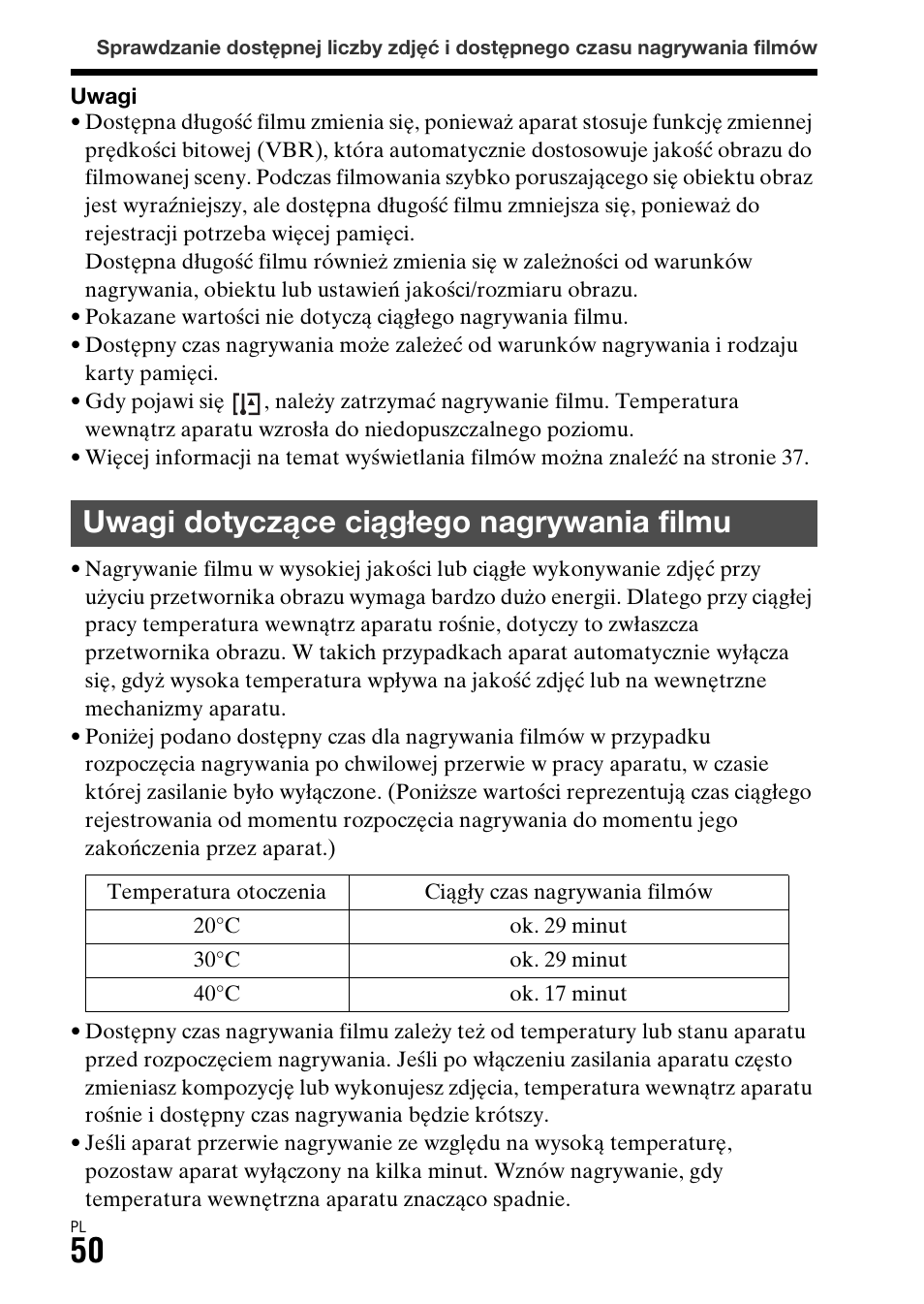 Uwagi dotyczące ciągłego nagrywania filmu | Sony ILCA-77M2 User Manual | Page 432 / 675