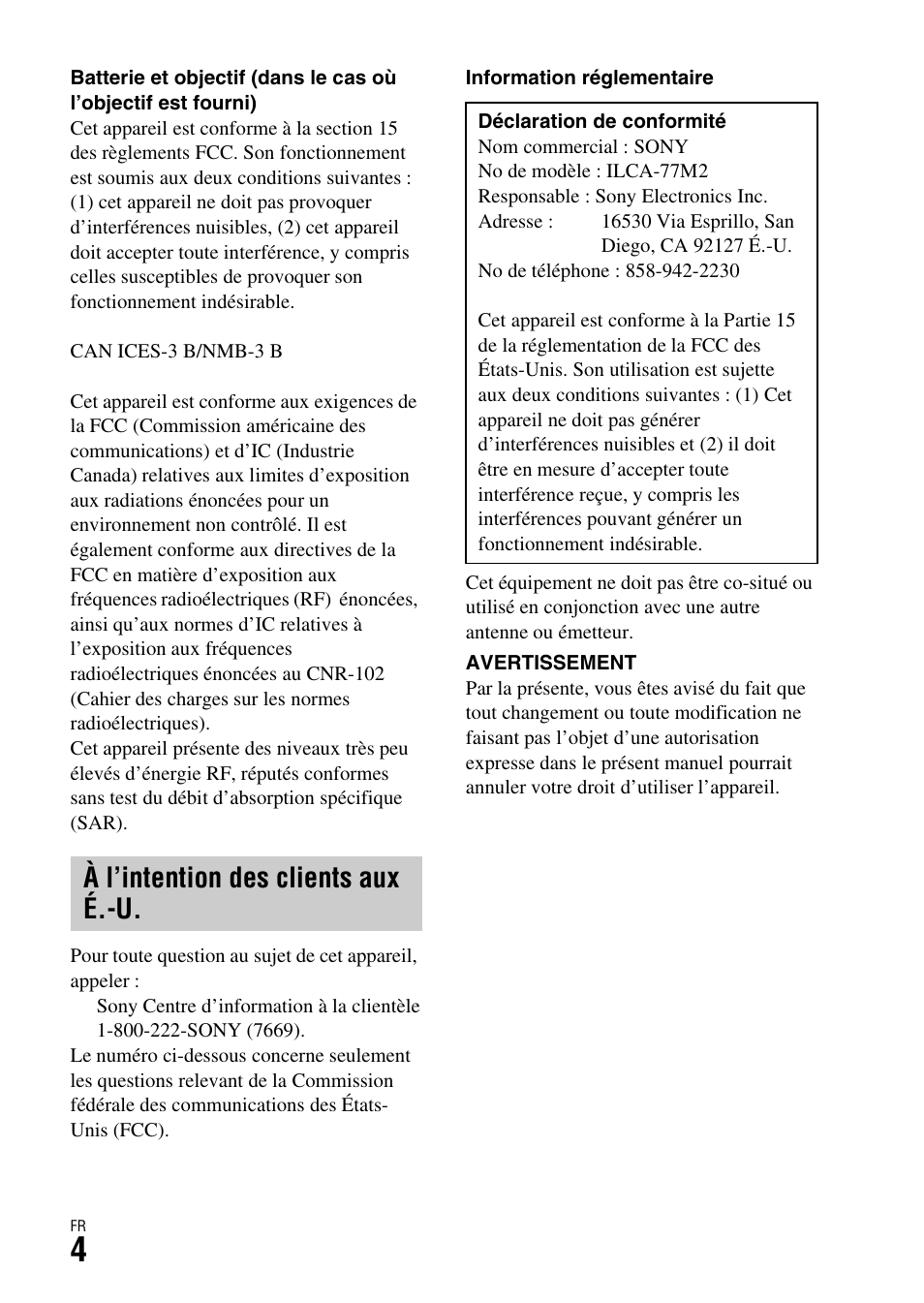 À l’intention des clients aux é.-u | Sony ILCA-77M2 User Manual | Page 56 / 675