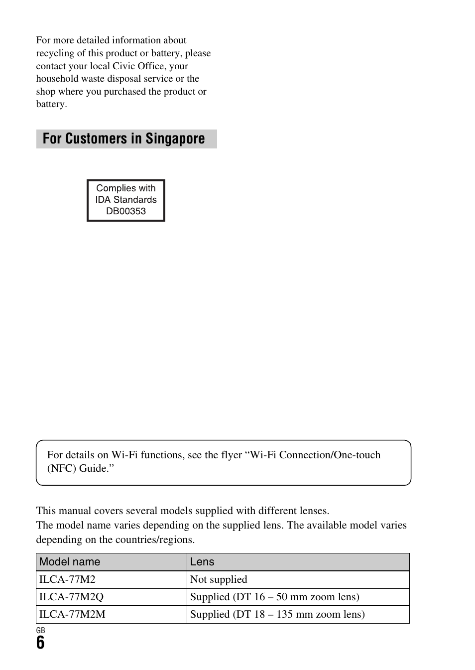 For customers in singapore | Sony ILCA-77M2 User Manual | Page 6 / 675