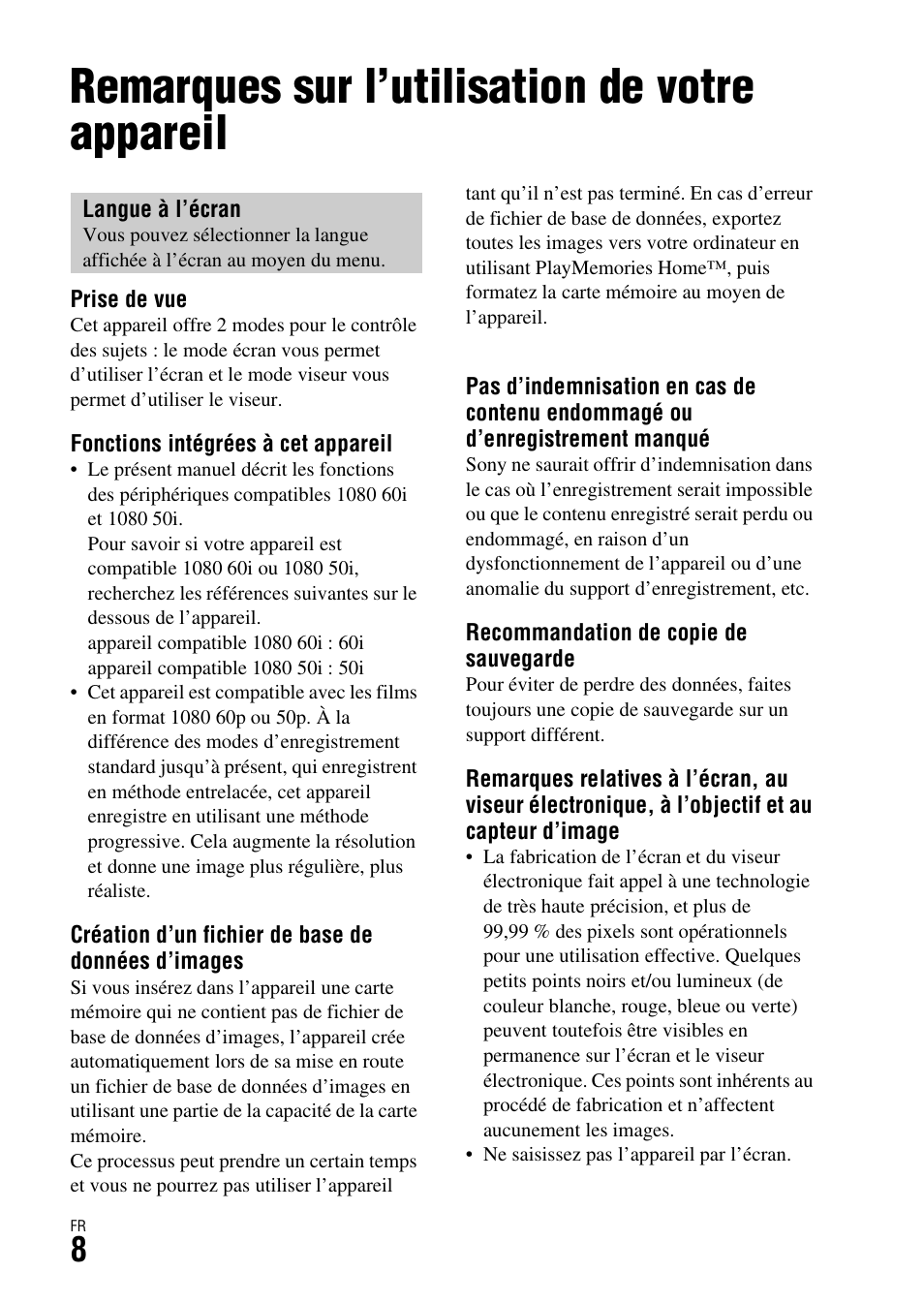 Avant utilisation, Remarques sur l’utilisation de votre appareil | Sony ILCA-77M2 User Manual | Page 60 / 675