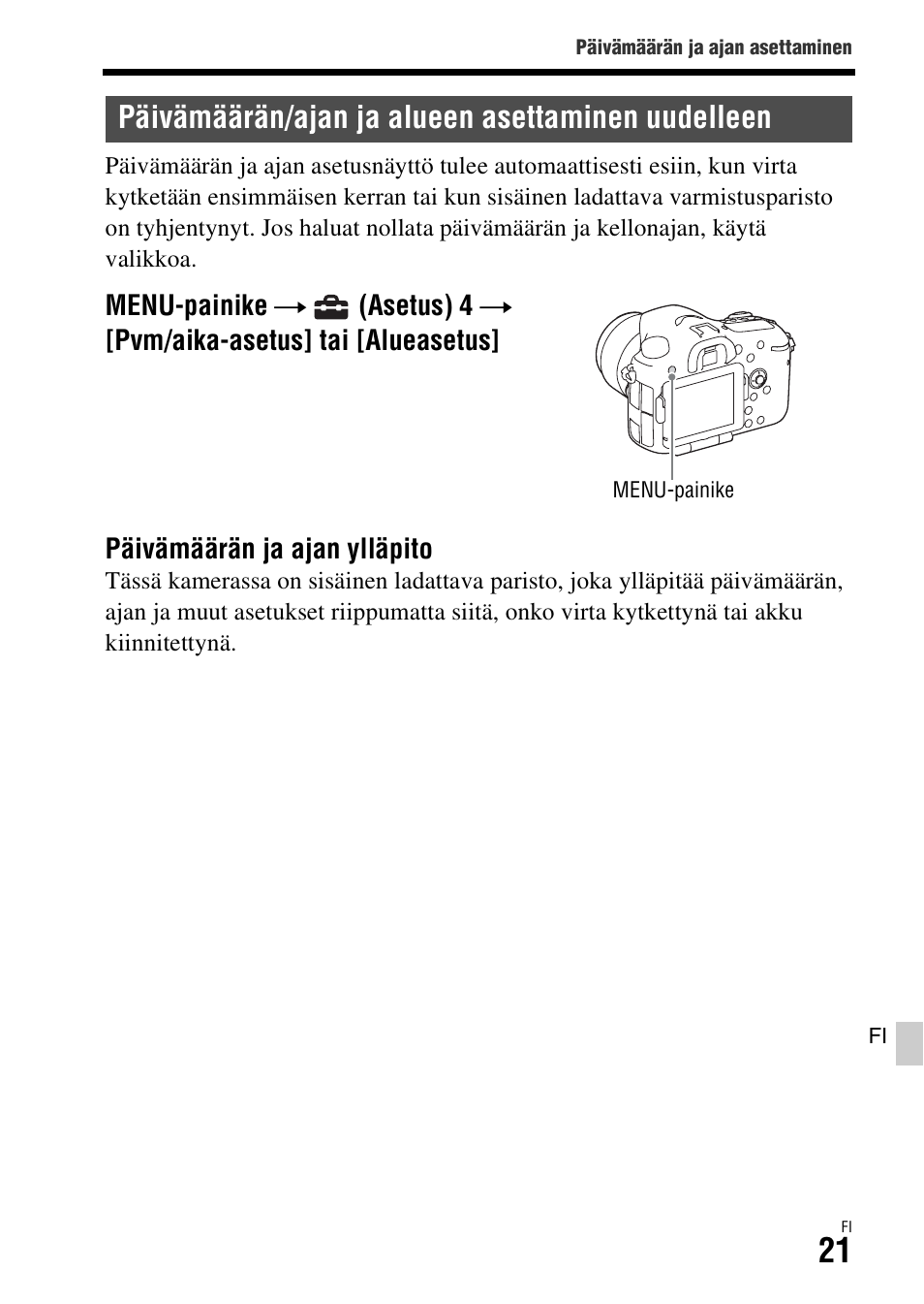 Päivämäärän/ajan ja alueen asettaminen uudelleen | Sony ILCA-77M2 User Manual | Page 615 / 675