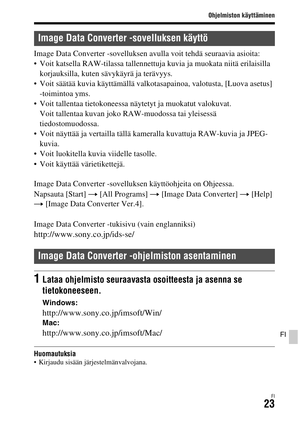 Image data converter -sovelluksen käyttö, Image data converter -ohjelmiston asentaminen | Sony ILCA-77M2 User Manual | Page 617 / 675