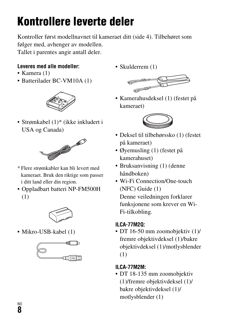 Kontrollere leverte deler, Før bruk | Sony ILCA-77M2 User Manual | Page 628 / 675