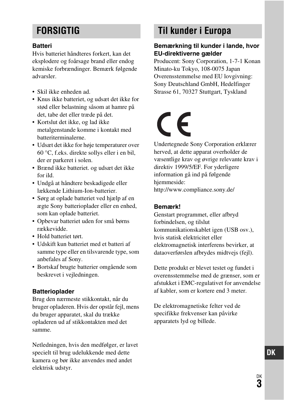 Forsigtig til kunder i europa | Sony ILCA-77M2 User Manual | Page 651 / 675